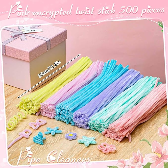 Peryiter 500 Pieces Pipe Cleaners Chenille Stems for Flowers Craft Supplies Bulk Fluffy Fuzzy Sticks for DIY Art Projects Creative Gift Wrapping Party Decorations(Macaron,12 Inch)
