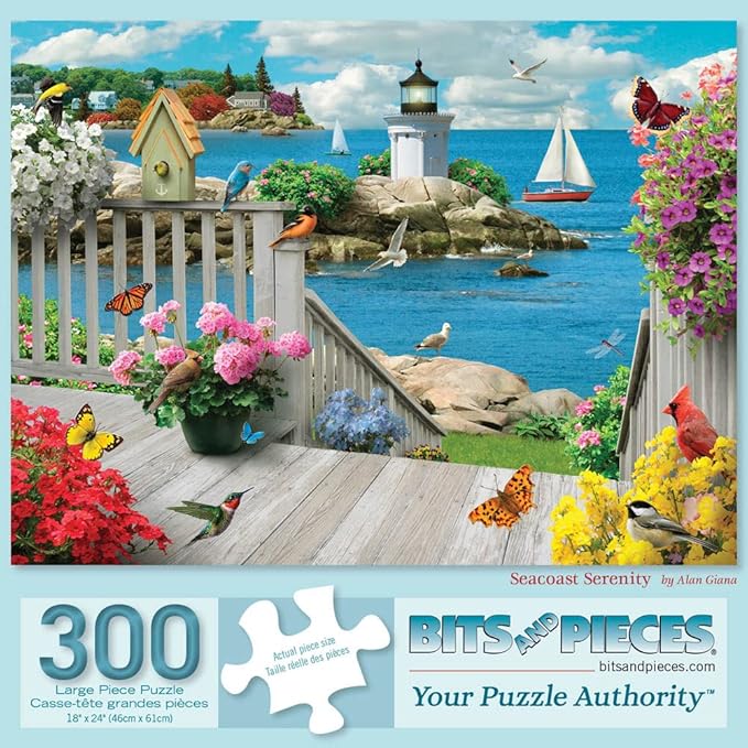 Bits and Pieces – 300 Piece Jigsaw Puzzle for Adults – Seacoast Serenity - Ocean Boat Birds Summer Light House Flower Jigsaw Puzzle by Artist Alan Giana, Completed Puzzle Size: 18" x 24"