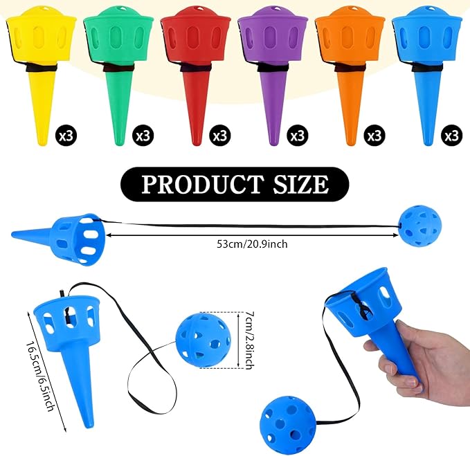 18 Pcs Hand Eye Coordination Ball Catching Cup, 6 Colors Classic Tetherball Catch Game Set for Yard Lawn Camping Beach Outdoor Sports Adults Party Games