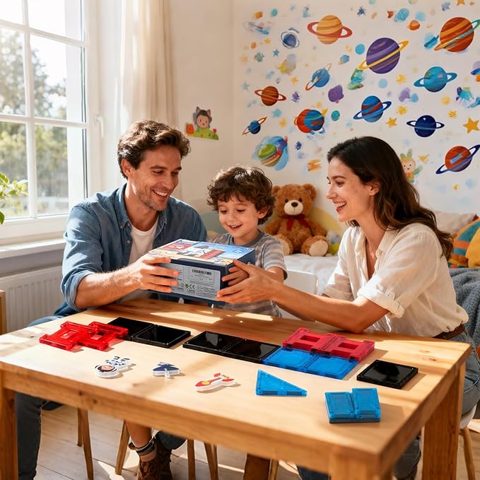 Space Magnetic Tiles for Kids, 30 Piece STEM Magnetic Building Blocks Set, Rocket Ship Space Station Educational Construction Toy with Astronaut Figure for Boys Girls Ages 3-8