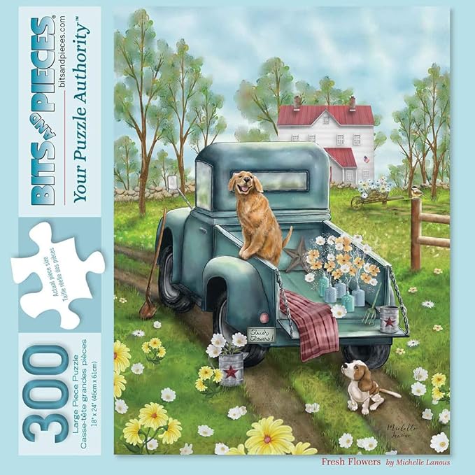 Bits and Pieces – Large 300 Piece Jigsaw Puzzle for Adults – Fresh Flowers - Country Dogs Jigsaw Puzzle by Michelle Lanoue, Completed Puzzle Size: 18" x 24"