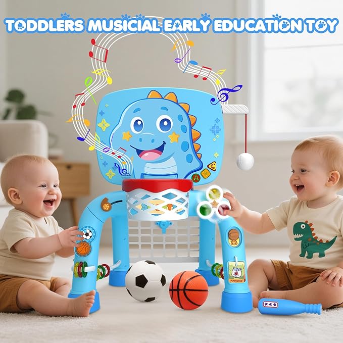 Toys For 1 Year Old Boy - Toddler Basketball Hoop&Soccer Goal&Baseball Sport Activity Center,Montessori Sensory Musical Toy With Light,Christmas Birthday Gift for Age 12-18 Month(Sky Blue Dinosaur)