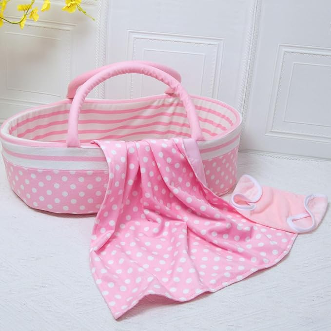 3 Pcs Reborn Baby Doll Accessories Set Bassinet + Blanket + Diaper, Thick Foldable Baby Doll Cradle Beds for 16-18 Inch Newborn Dolls Girl, Soft Sleep Babydoll Carrier Reborn Doll Accessories Pink