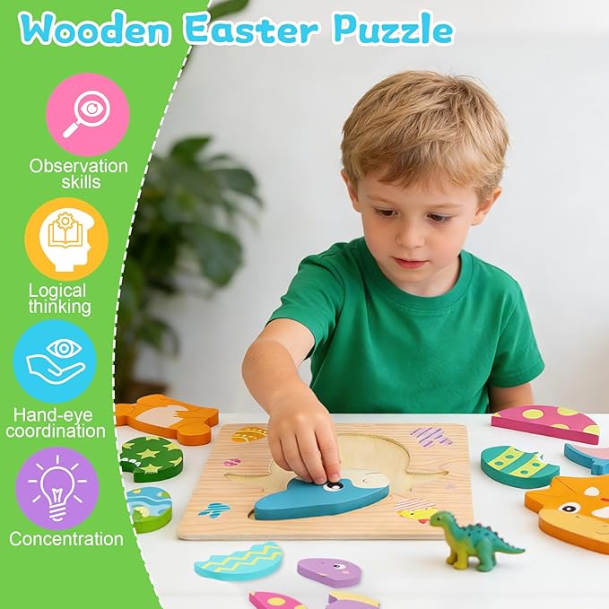 Easter Wooden Puzzles for Kids Toddlers,4 Pack Dinosaur Easter Puzzle,Easter Basket Stuffers Party Favors,Fun Dinosaur Puzzle Toy Gifts for Toddlers Kids Girls Boys