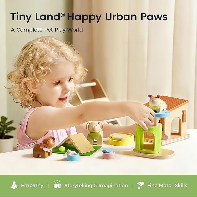Tiny Land Wooden Dollhouse Animal Set for Toddlers, Dollhouse Accessories & Dolls House Furniture Sets for Toddlers, Montessori Pretend Play Family Pets Set Toys, Gift for Kids Age 3+