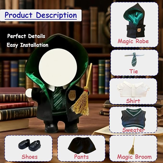 7-Piece Wizard Doll Clothes Set for 17cm Dolls – Fits The Monsters Exciting Macaron Series – Fantasy Outfit with Hooded Cloak, Shirt, Pants, Sweater, Tie, Shoes & Magic Broom – Doll Accessories Only