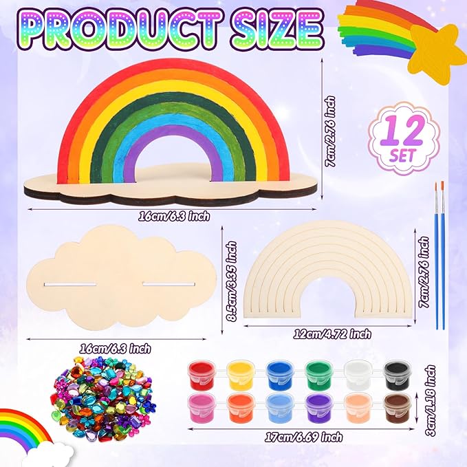 12 Sets Christmas Rainbow Painting Craft for Kids Party Favors, Art Wooden Painting Sets for Party Favors Brush Kit Return Gifts, Birthday Supplies Class Make Your Own Craft Kits
