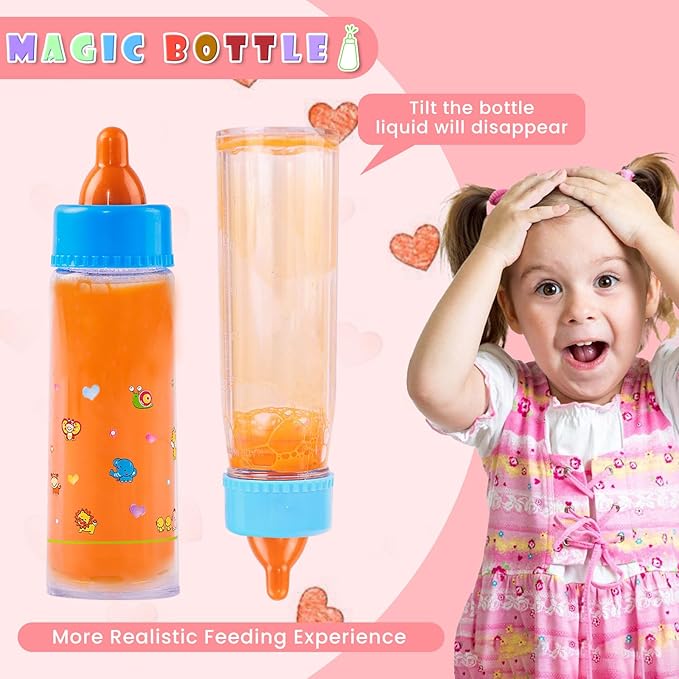 SCOM Baby Doll Bottle Accessories - 6 Pcs Feeding Bottle Toys, Magic Disappearing Milk & Juice, Pretend Play Set with Pacifiers Kids Gift Light Pink
