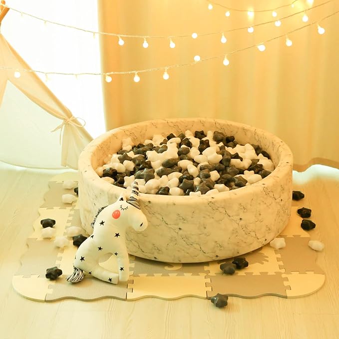 STARBOLO Baby Ball Pit Balls - 100pcs Star Balls for Ball Pit Plastic Ball Baby Play Ball Playhouse Playpen, Black/Gray/White Stars for Brithday Party Decoration.