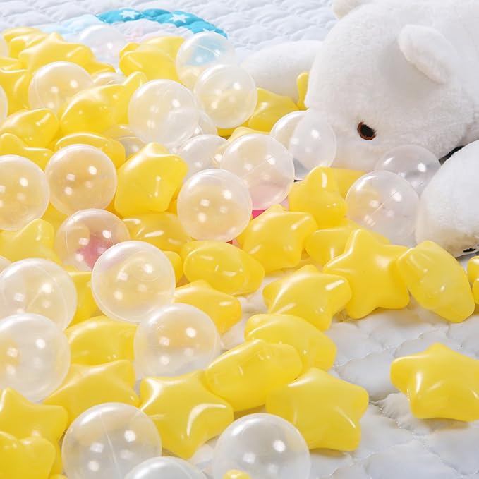 TRENDPLAY Star Ball Pit Balls for Toddlers -50 100 200 Count Star Balls Different Shapes, Non-Toxic Plastic Balls for Safe Play, Boys Girls Festival Party Decoration
