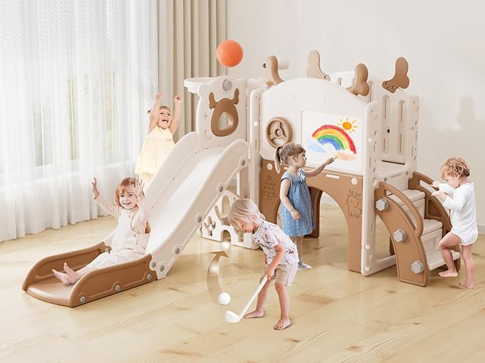 XJD Toddler Slide,12 in 1 Kids Slide for Toddlers 1-3, New Upgrade with Golf Set, Basketball Hoop, Drawing Board for Indoor Outdoor Playset,Toddler Playground (Brown)