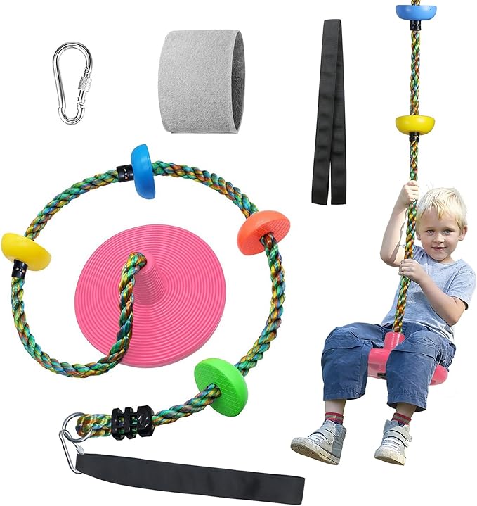 Tree Swing for Kids Backyard Single Disc Rope Climbing Swing Seat for Tree Indoor Outdoor Playground Set Accessories with Thickening 4 Ft Strap-Pink