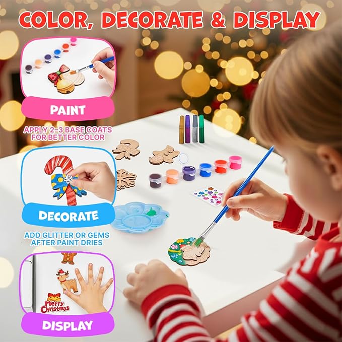 JoyCat DIY Wooden Magnets Kit, 13 Pcs Christmas Art Supplies, Painting Kit, Arts and Crafts for Kids Ages 4-8 8-12, Party Favors, Christmas Crafts, Birthday Gifts, Toys for Boys Girls