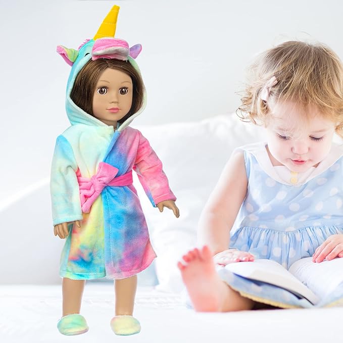 XFEYUE American 18 inch Doll Clothes and Sleeping Bag Set - Rainbow Unicorn Doll Costume with Unicorn Style Sleeping Bag, Pillow, Eye Mask Slumber Party Accessories Fits 18 Inch (NO Dolls)