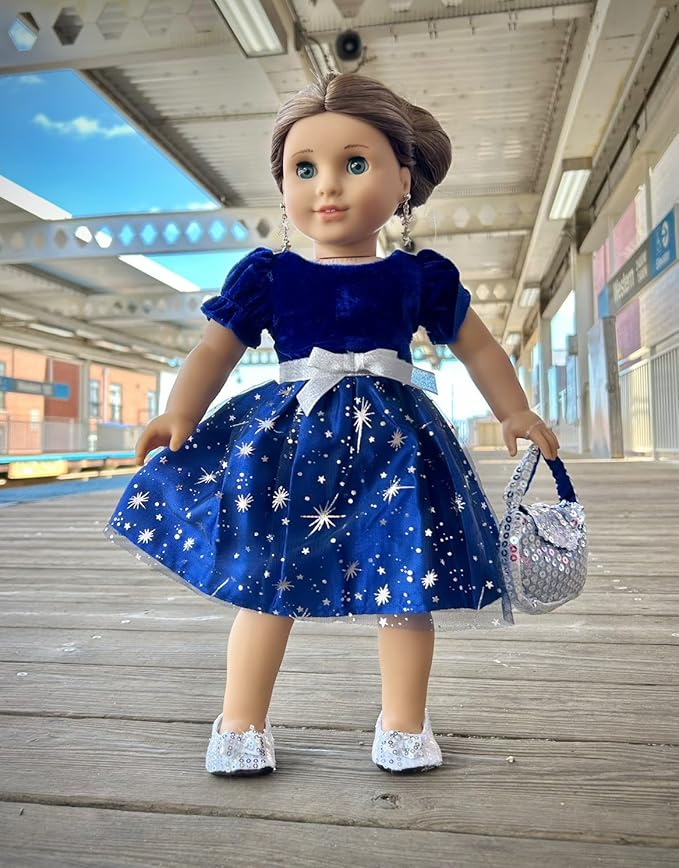 Emily Rose 18" Doll Holiday Dress Set - Midnight Star Sparkly Blue Party Dress with Silver Sequin Shoes & Purse - Premium Gift Boxed Outfit Compatible with American Girl & Most 18 Inch Dolls