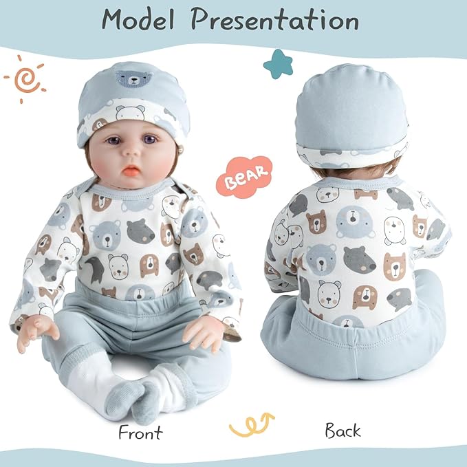 Reborn Baby Doll Clothes Boy Accessories 18-22 Inch Reborn Doll Clothes for Baby Doll Clothing Blue Bear 4 Pieces Set