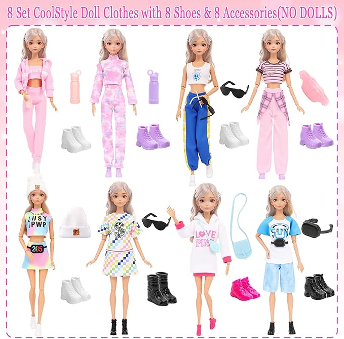 24 PCS Doll Clothes & Accessories 8 Set Clothing Includes Sport Outfit, Hooded Dress, Sportsuits, Skirt, with 8 Pairs of Shoes, 8 Accessories for 11.5 Inch Girl Dolls Cool Style Set
