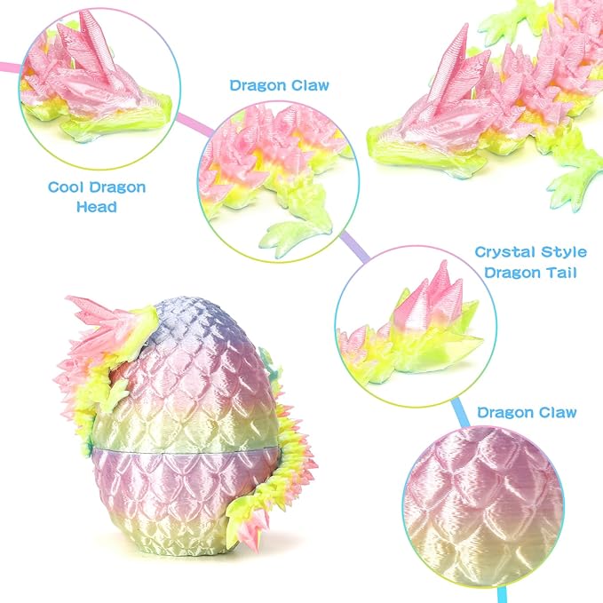 6PCS Mini 3D Printed Dragon Dinosaur Egg, Prefilled Easter Eggs Filled Dragon Eggs Toys Filled,3D Printed Dragon in Egg,Crystal Dragon Figurine Decor,Full Articulated Dragon