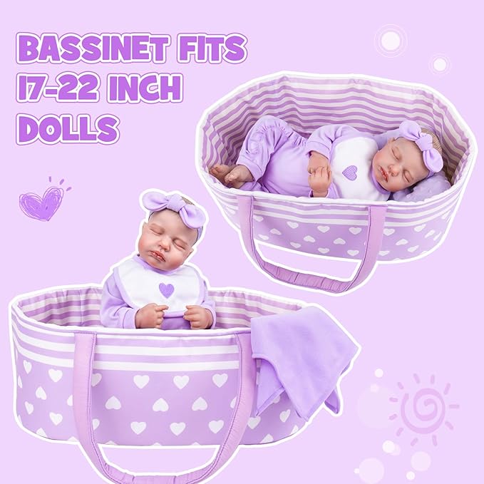 Aori 7 Pcs Reborn Baby Dolls Clothes with Bassinet for 17-22 Inch Baby Doll, Purple Carrier Bed and Baby Doll Clothes Accessories fit Newborn Girl Doll