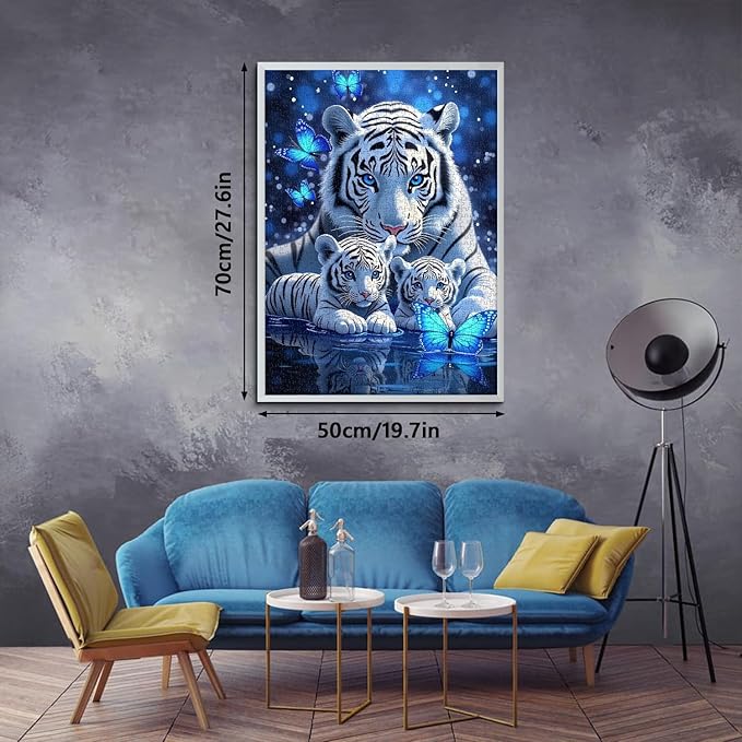 White Tiger Puzzles for Adults 1000 Pieces, Blue Butterfly Nature Jigsaw Puzzle, Challenging Wildlife Animal Art Puzzle, Beautiful Tiger Family Puzzle for Home Wall Decor