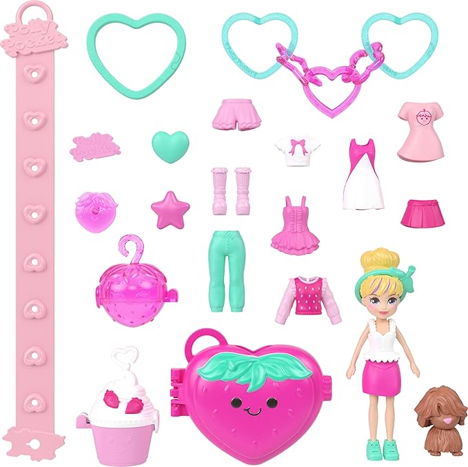 Polly Pocket Dolls & Pets Bracelet Keychain Playset, Fruit Themed Fashion Accessories and Bag Charms, Wearable Compact (Styles May Vary)