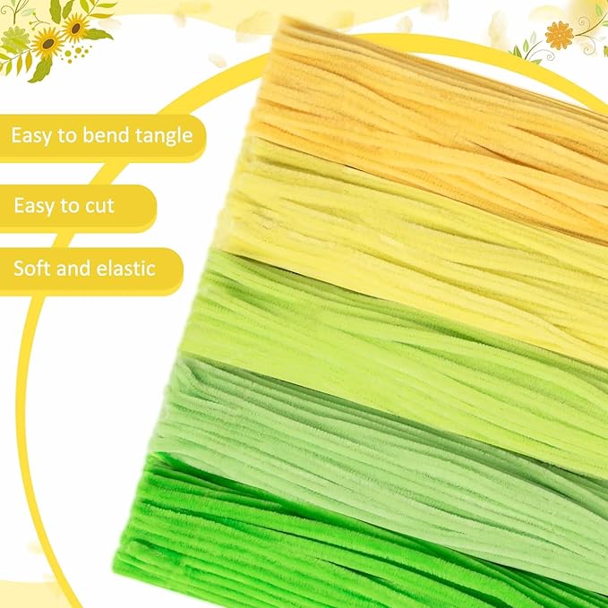 Peryiter 500 Pieces Pipe Cleaners Chenille Stems for Flowers Craft Supplies Bulk Fluffy Fuzzy Sticks for DIY Art Projects Creative Gift Wrapping Party Decorations(Yellow & Green Flower,12 Inch)