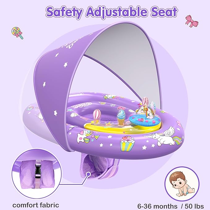 EZIGO Baby Pool Float with Canopy UPF50+ Sun Protection, Inflatable Kids Pool Floats with Ocean Animal Toys for Baby 6-36 Months, Infant Swimming Float with Adjustable Safety Seat for Boys Girls