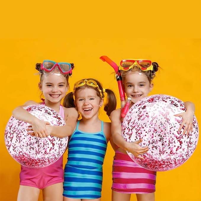 5 Pcs Inflatable Beach Balls, 16 Inch & 24 Inch Large Confetti Glitter Beach Balls, Sequins Clear Blow up Pool Balls Toys for Christmas Party Decorations 2026 New Year Birthday Summer Swimming Pool