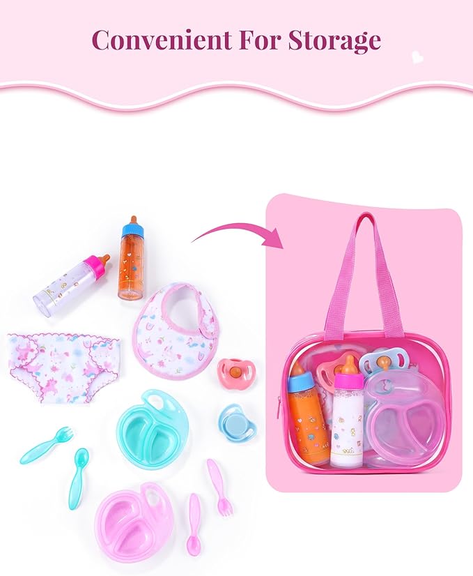 BABESIDE 13 Pcs Baby Doll Accessories Set with Magic Bottles Diapers Pacifiers and Storage Bag, Baby Doll Feeding Set with Realistic Baby Doll Accessories for Girls Pretend Play Toys