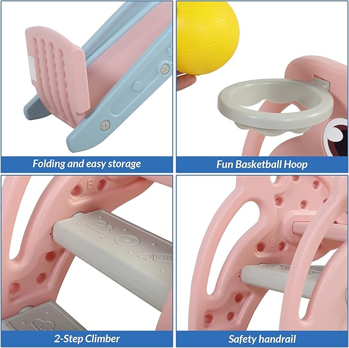 TOBBI Kids Slide for Indoor and Outdoor, Freestanding Slide for Toddler Playground Slipping Slide Climber Toy Playset with Basketball Hoop & Ball, Pink