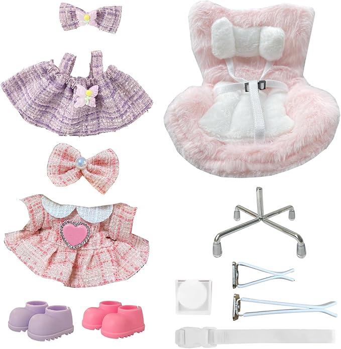 Ezcora Doll Car Seat & 2 Outfit Set (No Dolls), Car Seat for 10–17cm Dolls with Vent Clip & Seat Stand, Doll Clothes with Shoes, Cute and Functional Accessories Set