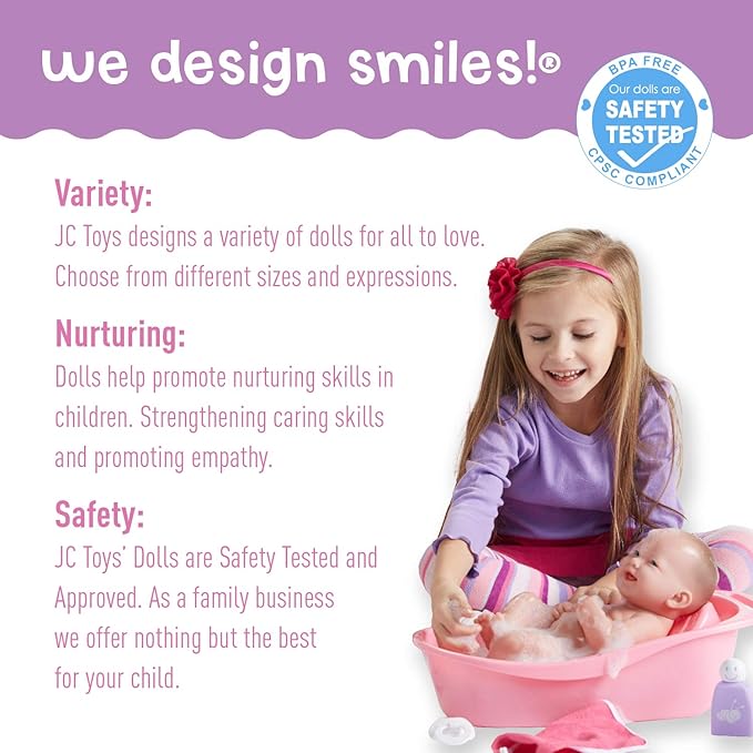 JC Toys - La Newborn | 10 piece Layette Deluxe Bathtub Gift Set | 12.5" Life-Like Vinyl Newborn Doll with Accessories | Pink | Waterproof | Ages 2+ (18370)