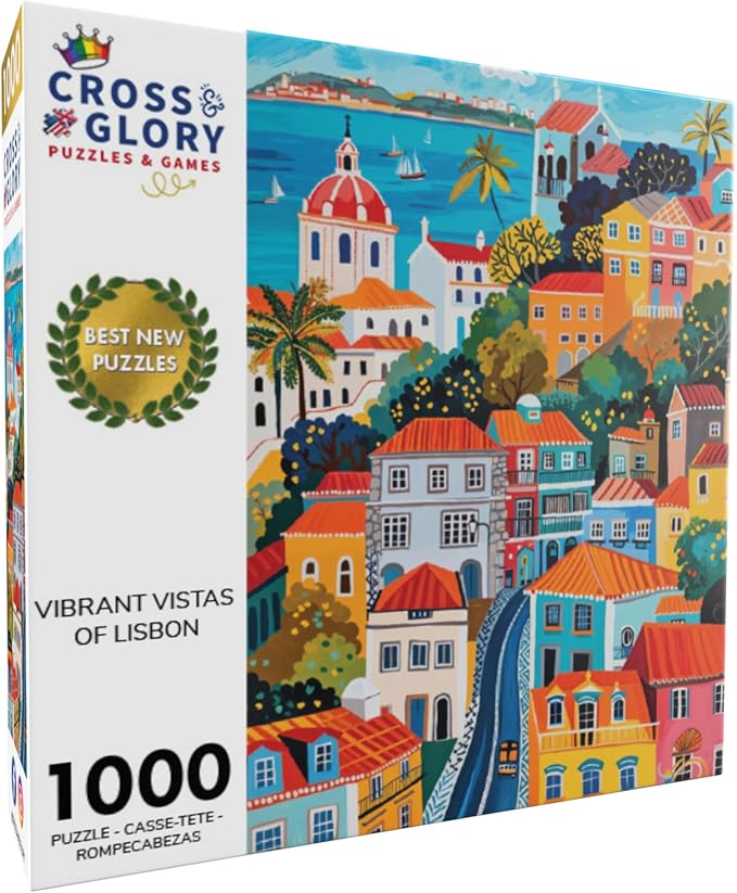 Cross & Glory - Jigsaw Puzzles 1000 Pieces for Adults | Vibrant Vistas of Lisbon - 1000 Piece Puzzle for Adults | Folk Art Style | Bright | Colorful | Family Friendly Game