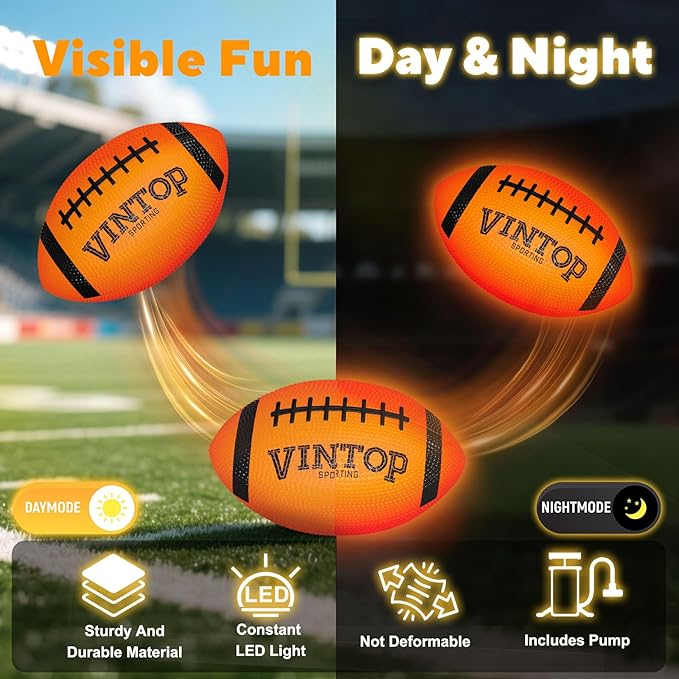 VINTOP Light Up Football - LED Glow in the Dark Football for Kids & Adults, Includes Free Air Pump, Sturdy Durable Sports Ball, Birthdays/Christmas/Outdoor Play