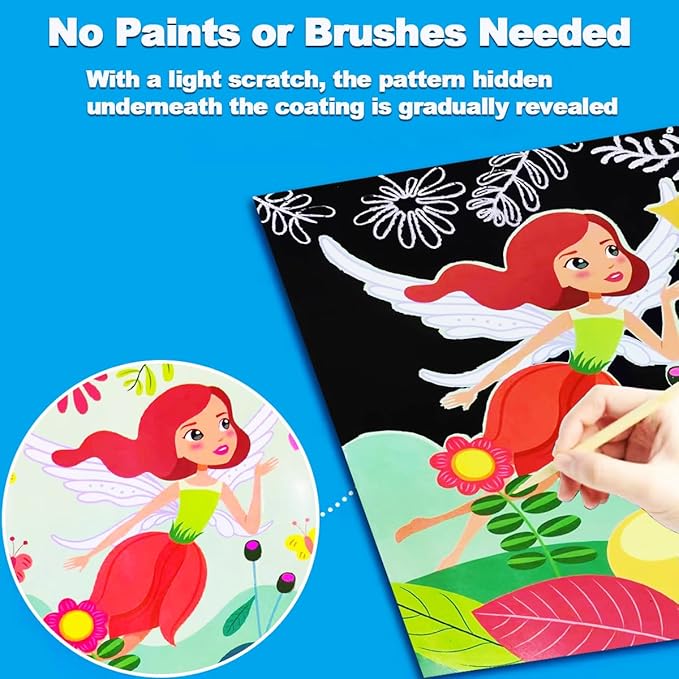 JUNQIU Scratch Art for Kids, Princesses Black Rainbow Scratch Art Paper Set-Arts and Crafts Kits & Supplies, Party Games & Activity, Gifts for Toddlers Girls Birthday Christmas