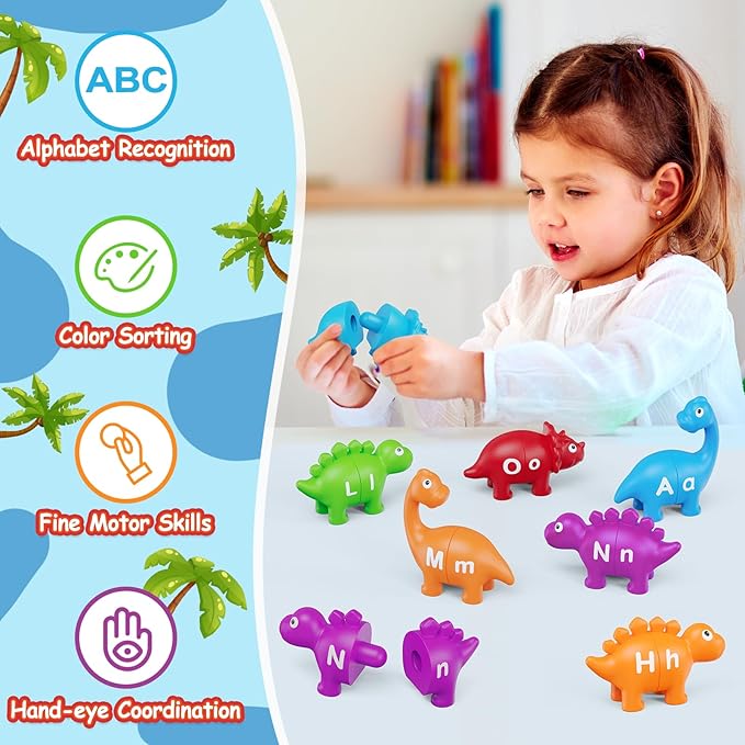 Kasfalci Alphabet Learning Toys, Dinosaur Toys for Kids, ABC Learning for Toddlers, Matching Letter Game,Color Sorting,Educational Montessori Fine Motor,Kindergarten Preschool Activities
