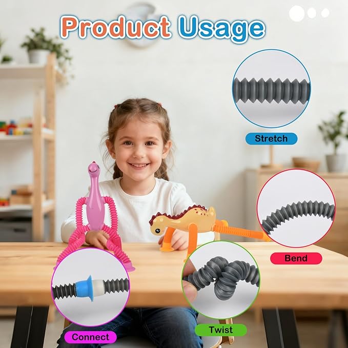 Dinosaur Pop Tubes Fidget Toys, 4 Pack Telescopic Suction Cup Toy for Kids Toddlers, Animal Autism Sensory Toy for Boys Girls, Funny Stocking Stuffers for Boys Girls Christmas Birthday Gift