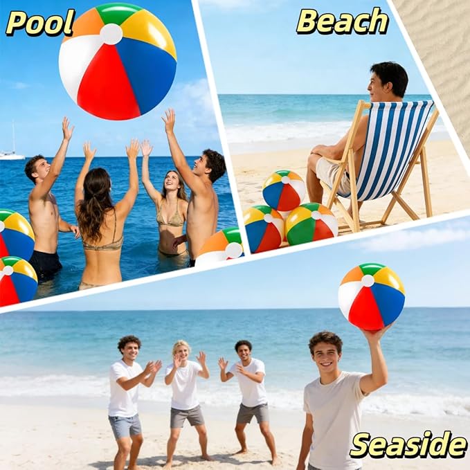 Laoha Rainbow Inflatable Beach Balls Set of 4 - Assorted Sizes 8, 12, 16, 24 Inch for Pool, Beach & Outdoor Games - Colorful Blow Up Balloons for Summer Party Decor and Water Fun