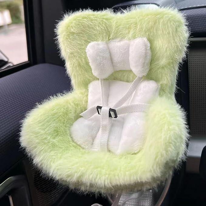 Doll Car Seat for 3–8 inch Figures, Fits Character Plushes, Blind Box Dolls & Vinyl Collectibles, Includes Air Vent Clip & Desktop Stand, Cute Car Ornament for Collectors (Green)