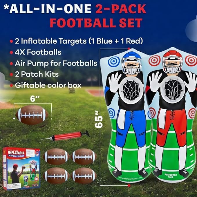 65” Inflatable Football Target Net Toss Game - Double-Sided Throwing Practice Football Stuff with Mini Balls - Backyard Tailgate Party Sports Toy for Kids & Adults