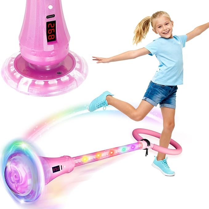 Skip Ball for Kids, Rechargeable Skip Ball Ankle Toy with Flashing Light-Up Wheel & Rod, Indoor/Outdoor Toys for Kids with Counter, Timer and Cal Calculator