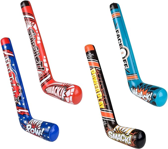 35" Inflatable Hockey Sticks (4 Designs) Splash it! Thwack! Hat Trick. Pow! Power Play Smack! Face Off! Whack! Colorful. Vinyl. Great Party Favor (12 Pack - Random 4 Designs)