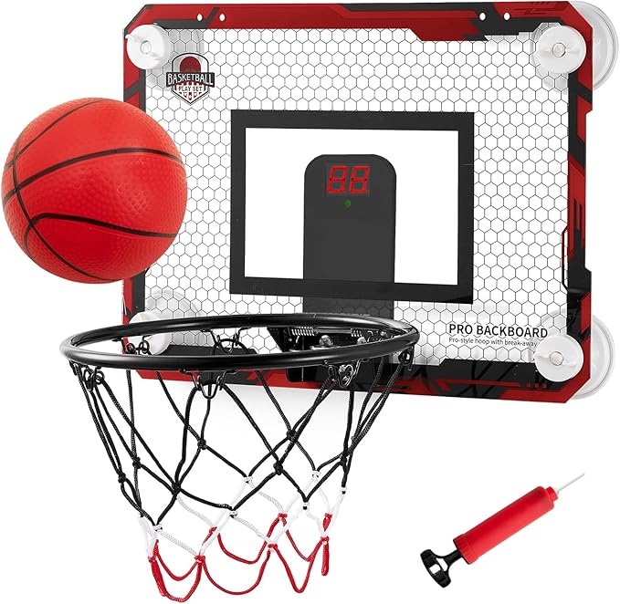 BOHEN Indoor Mini Basketball Hoops with Powerful Suction Cup, Stick to Windows, Wooden Doors, Smooth Walls - Basketball Backboard Indoor Bedroom Office for Kids Teens Adults