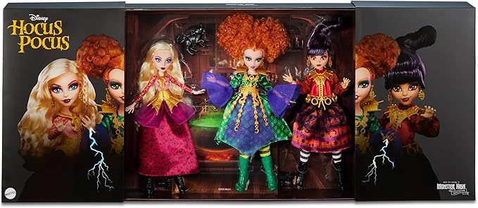 Monster High Skullector Hocus Pocus Dolls – Winifred, Mary, Sarah, and Binx Collectible Set with Articulated Figures, Witchy Dresses, Accessories, and Display-Ready Packaging