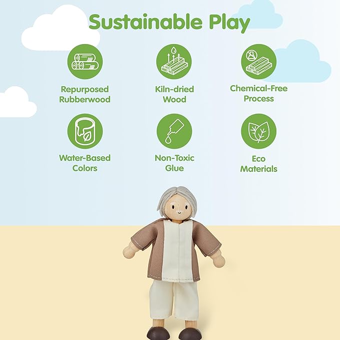 PlanToys® Grandfather Wooden Dollhouse Figurine | Poseable 1:12 Scale Mini Doll (Fair Skin Tone, 5 Inch) | Dollhouse Accessories for Pretend Play | Eco-Friendly Montessori Toy for Kids Ages 3+