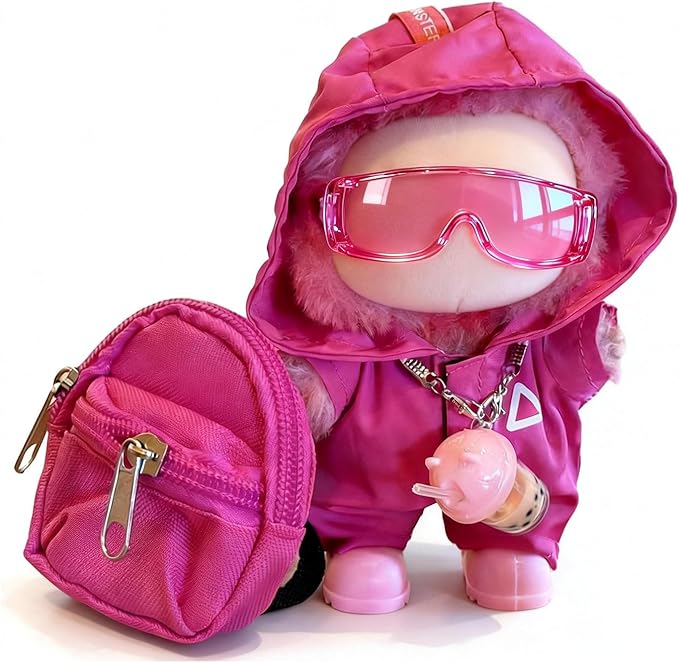 Doll Clothes for LABUBU – Hot Pink Windbreaker 4-Piece Outfit Set | Adorable 17cm Doll Clothes with Hooded Jacket, Glasses, Bag & Shoes | Complete Fashion Accessory Set (Doll Not Included)