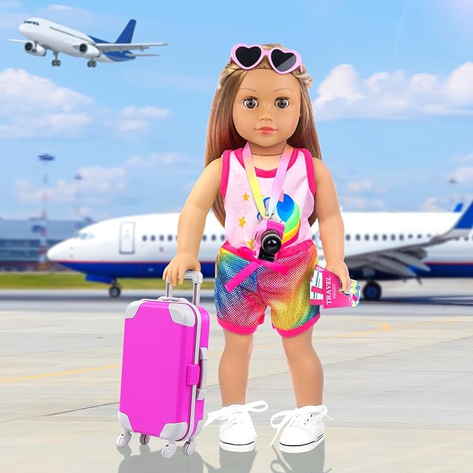 ZITA ELEMENT 24 Pcs 18 Inch Girl Doll Accessories Suitcase Luggage Travel Set Including 18 Inch Doll Clothes Luggage Pillow Blindfold Sunglasses Camera Computer Cell Phone Ipad and Other Stuff