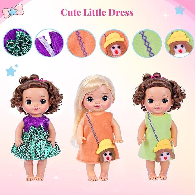 BABESIDE 10 Sets Baby Doll Clothes & Accessories for 8/10/11 Inch Baby Dolls, Includes Cute Jumpsuit & Skirts, 3+ Year Old Girls Gifts, Pretend Play