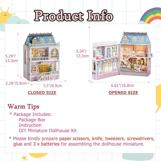 TuKIIE DIY Miniature Dollhouse Kit with Furniture, 1:32 Scale Creative Room Opened & Closed Mini Wooden Doll House for Kids Teens Adults(Romantic Castle)