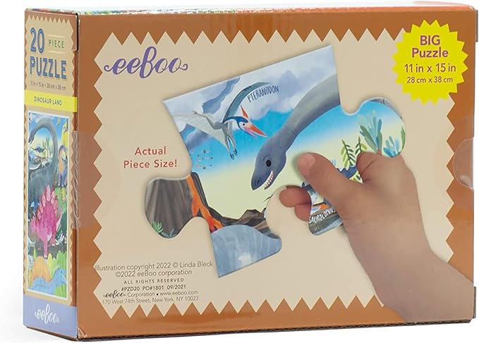 eeBoo 20 Piece Jigsaw Puzzle - Dinosaur Land Children's Puzzle Prehistoric Themed, Large Pieces for Small Hands to Develop Motor Skills